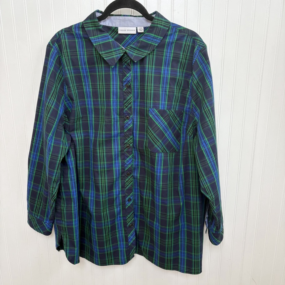 Susan Graver Green & Blue Plaid Long Sleeve Button Up Women’s Plus Size 24W